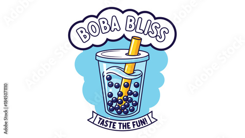 Boba Bliss logo featuring a cup of bubble tea with a straw and tapioca pearls.