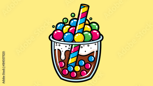 Cartoon illustration of a bubble tea drink with colorful boba pearls and a striped straw on a yellow background.