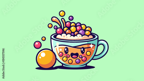 Cartoon illustration of a cute cup of bubble tea with colorful tapioca pearls spilling out.
