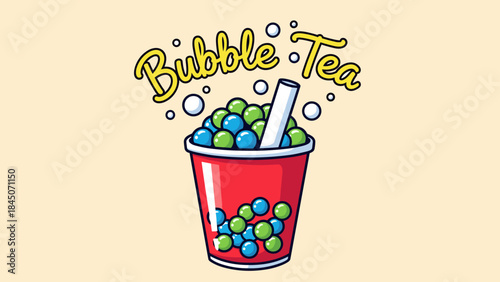 Illustration of a red cup filled with bubble tea and a straw.