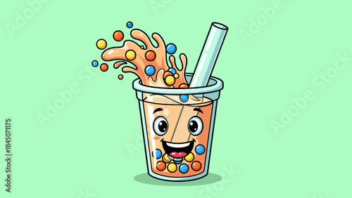 Cartoon bubble tea drink with a happy face and colorful toppings splashing out of the cup.