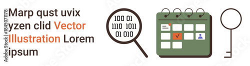 Data security, access control, digital privacy, information management, encryption, coding processes. Calendar with highlighted dates, binary code magnifying glass and key. Data security and access