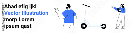 Two stylized individuals with a sleek scooter. One points at the scooter while another reviews a tablet. Ideal for technology, urban mobility, lifestyle, transport, sustainability, teamwork, simple