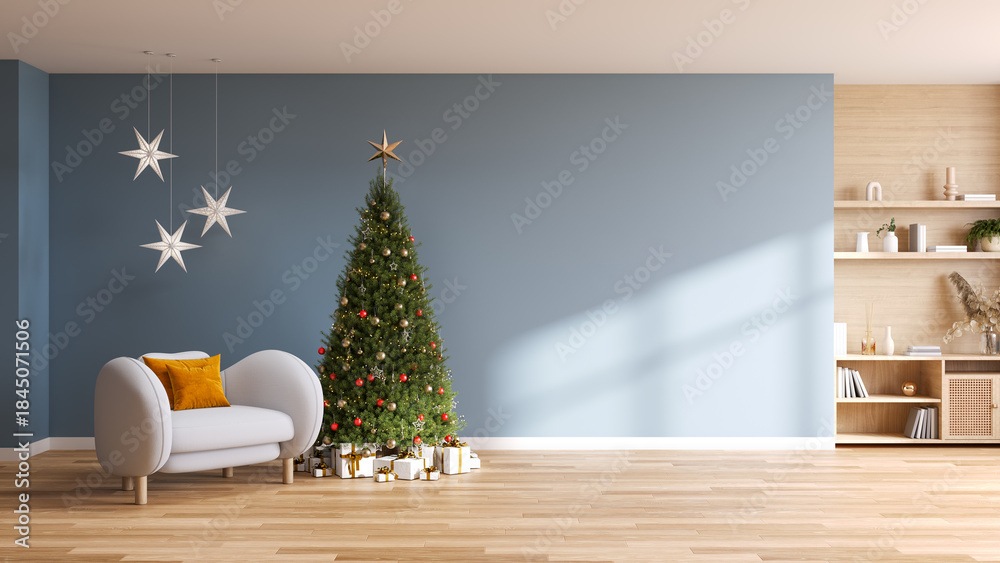 Obraz premium Minimalist living room with blue grey wall and white armchair, and Christmas tree,Interior design mockup.3d render