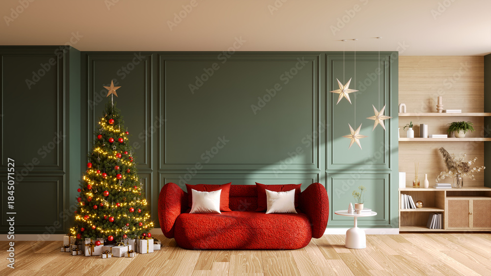 Obraz premium Modern scandinavia living room interior with red sofa and decorated Christmas tree,on dark green wall ,wooden cabinet and wood floor, 3D rendering.