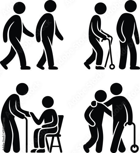 Stick figure illustration set depicting elder care, support, and companionship activities