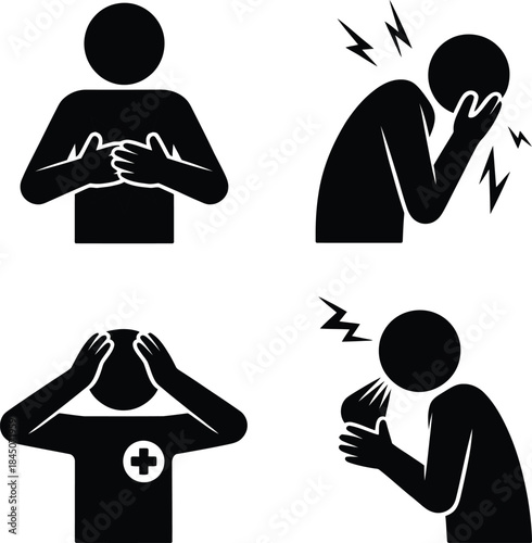Set of pictograms depicting common human illness symptoms and health conditions