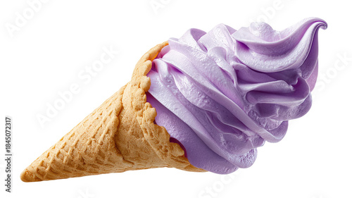 Lavender soft serve ice cream in a crispy waffle cone creamy texture isolated on white background.
