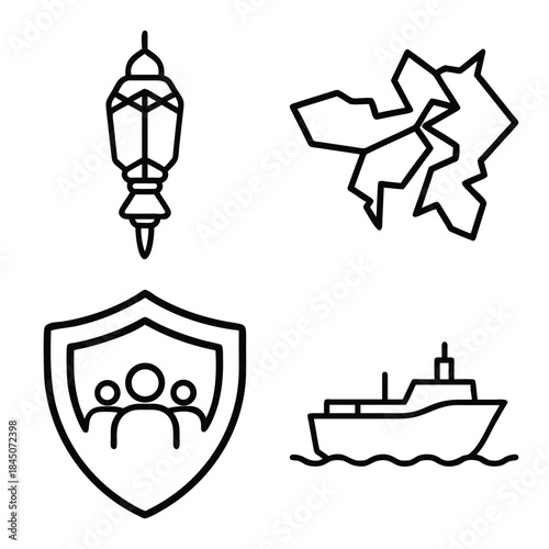 Traditional Ramadan Lantern, Abstract Shattered Geometric Shape, People Protection Shield, and Ocean Vessel Ship Outline Icons Set