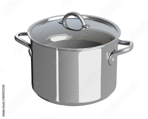 Shiny stainless steel cookware: isolated pot and pan with lid and handle for cooking
