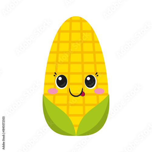 Cartoon corn cob, cute character, big eyes, happy smiling face, kawaii, vector illustration.