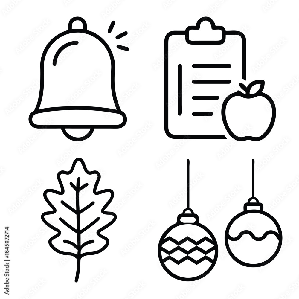 Obraz premium Ringing Bell Notification, Clipboard with Apple, Oak or Maple Leaf, and Christmas Ornament Bauble Outline Icons