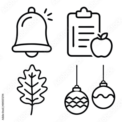 Ringing Bell Notification, Clipboard with Apple, Oak or Maple Leaf, and Christmas Ornament Bauble Outline Icons