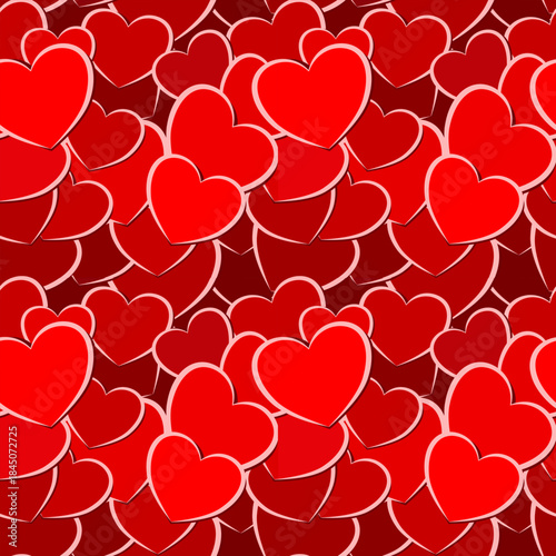 Vibrant seamless pattern of overlapping red and dark red hearts with subtle white outlines, creating a beautiful texture for Valentine's Day, wedding, and romantic concepts.
