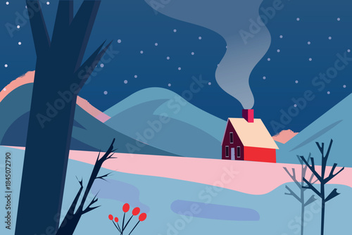 Winter landscape with a red house with a smoking chimney and snow-covered mountains under a starry night sky, a cozy and serene scene of nature in the cold season, minimalist vector illustration