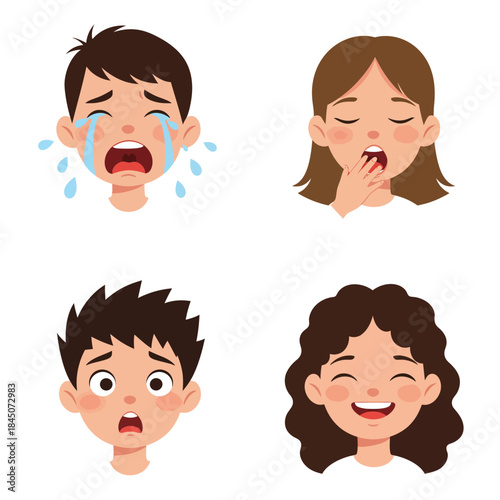 Diverse Childrens Faces Expressing Various Emotions and States.