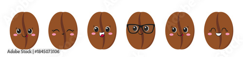 Set coffee beans, cute character cartoon, big eyes, happy smiling face, kawaii style, sign coffee drink vector illustration.