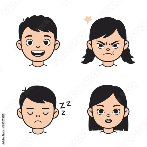 Four Cartoon Childrens Faces Showing Different Emotions Happy Angry Sleepy and Surprised.