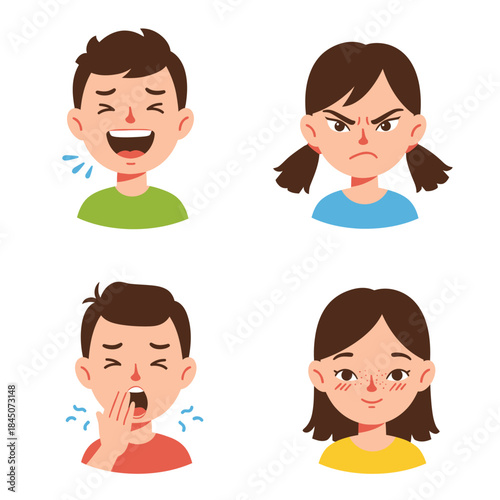 Four Cartoon Childrens Portraits Displaying Diverse Emotions Laughter Anger Yawning and Calmness.
