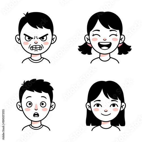 Four Cartoon Faces Angry Boy Happy Girl Surprised Boy and Smiling Girl.