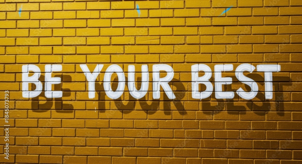 Fototapeta premium Inspiring Graffiti Art on Textured Yellow Brick Wall: Encouragement to Be Your Best Self