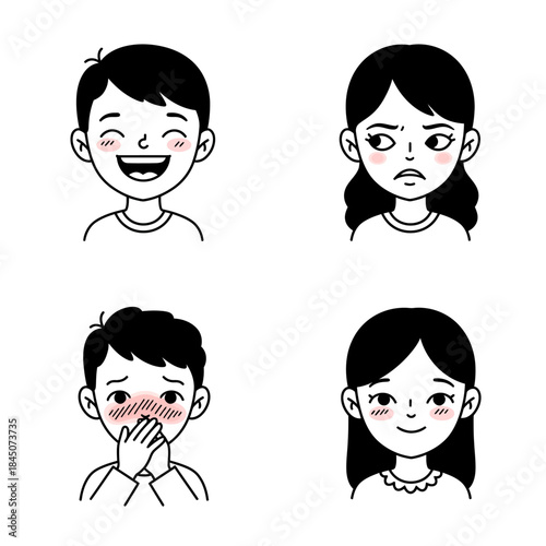 Four Cartoon Faces Displaying Different Emotions Joy Disgust Embarrassment and Calmness.