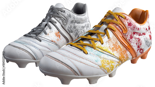 Pair of colorful soccer cleats with vibrant design isolated on black background.
