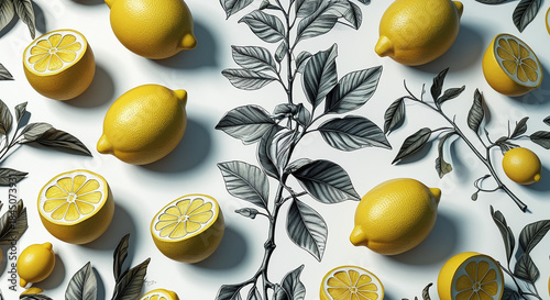  Vintage Botanical Hand-Drawn Lemon Etching with Fresh Whole and Sliced Citrus Fruits, Green Leaves, and Retro Engraving Illustration for Stock Design