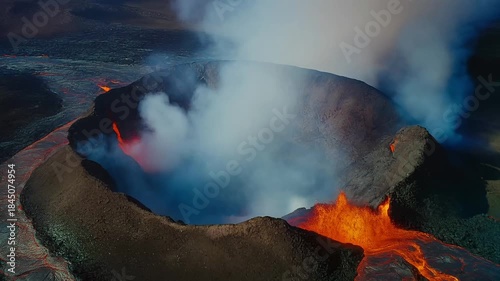 Aerial view captures the raw destructive power and mesmerizing beauty of an active volcano crater spewing smoke and molten lava