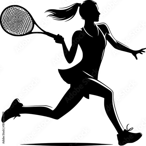 Tennis Silhouette: A dynamic black silhouette captures a tennis player mid-action, poised to return a serve, emphasizing the elegance and athleticism inherent in the sport.