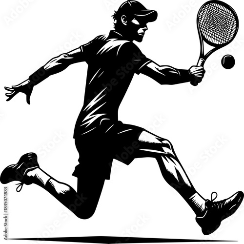 Tennis Silhouette: A dynamic black and white illustration of a tennis player mid-action, racket poised to strike, showcasing athletic prowess and sporting passion.