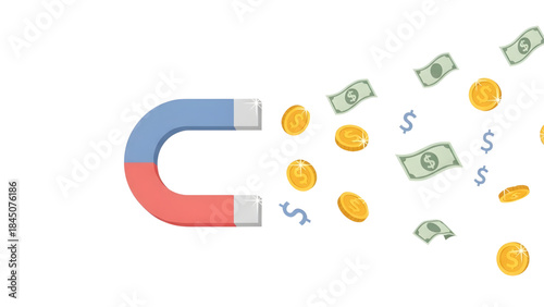 Magnet attracting money and coins on black background