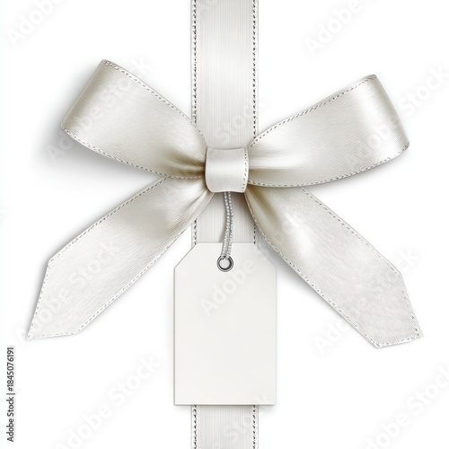 Elegant White Ribbon Bow with Blank Tag on Soft Background