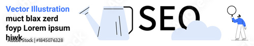 Watering can symbolizes growth next to bold SEO text. Balloon with figure suggests discovery. Ideal for marketing, SEO, growth strategy, innovation, creativity, cloud computing, simple landing page
