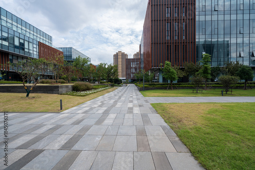 Modern Office Building Entrance with Glass Facade