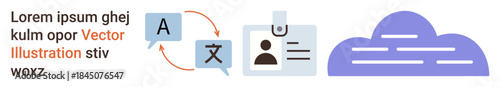 Language services, digital ID, cloud computing, data transfer, global communication, technology integration. Speech bubbles, ID badge and cloud graphic. Language services and digital ID