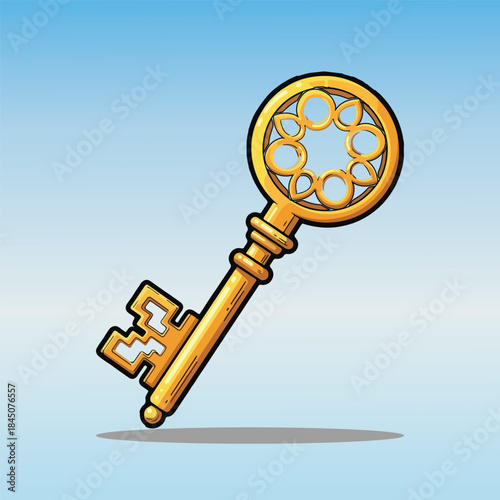 Playful cartoon vector of a shiny golden key with big eyes, smiling face, teeth details, and dangling ring in vibrant flat style. Charming graphic perfect for kids apps, treasure games, security icons