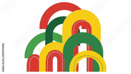 Vibrant colorful arches in red, yellow, and green stacked haphazardly on white background, forming dynamic abstract composition