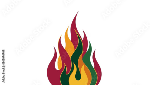 Vibrant colorful flame graphic with red, orange, yellow and green swirling fire elements on white background
