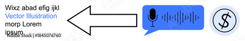 Voice recognition, financial transactions, AI technology, interactive communication, audio commands, speech-to-text. Blue speech bubble with microphone and sound waves, dollar symbol. Voice