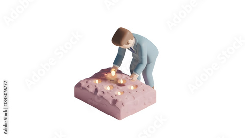 Man in blue suit lighting candles on pink stone block