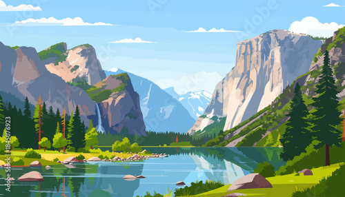 Scenic mountain landscape with reflection of peaks and sky on a clear blue lake