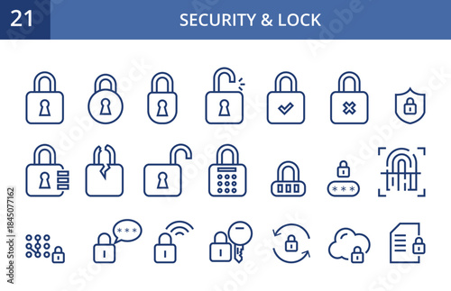 Collection of flat outline icons representing digital security, including locks, privacy tools and cyber protection elements, editable stroke vector isolated on white background. Pixel perfect