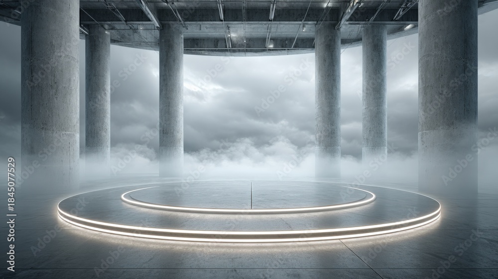Obraz premium Elegant Product Showcase Platform with Concrete Pillars and Atmospheric Cloudy Backdrop