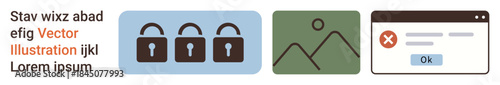 Cybersecurity, data protection, error message handling, image management, web design, technology applications. Digital icons showing locks, image and error message. Cybersecurity and data protection