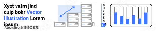 Stack of server cabinets with upward arrow indicating growth. Blue bar chart showing buffer levels. Ideal for technology, data management, analytics, system performance, server management, IT