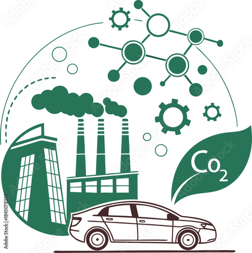 Icon set depicting carbon dioxide emissions and air pollution concerns