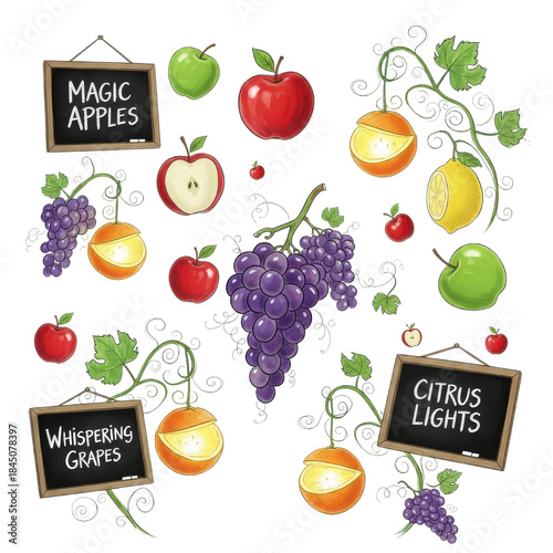 Collection of Hand Drawn Fruit Illustrations with Apples, Grapes, Citrus, and Chalkboard Signs 'Magic Apples', 'Whispering Grapes', 'Citrus Lights'