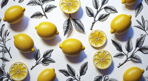  Fresh Lemon Flat Lay with Hand-Drawn Botanical Etching Illustrations, Retro Citrus Art Collection for Food and Health Design Projects