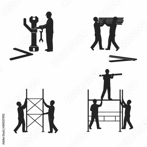 Construction Workers Assembling Scaffolding and Repairing Machinery in Silhouette.